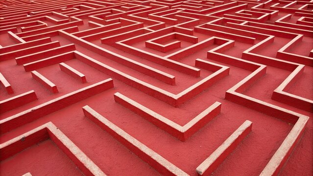 Red background featuring an intricate network of thin lines and shapes that resemble a maze, creating a sense of depth and complexity, maze, intriguing, intricate design