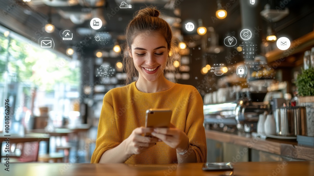 Poster Smiling woman using mobile phone with augmented reality app icons representing social media, marketing, and cloud computing services while enjoying her time at a modern cafe