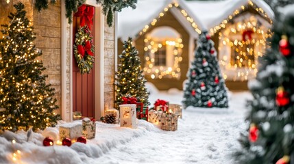 Festive scene with multiple Christmas trees and glowing candles outside a house.