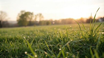 Softly illuminated natural grass field with blurred bokeh effect from a low angle perspective, outdoors, serene atmosphere, vast landscape