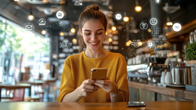 Smiling woman using mobile phone with augmented reality app icons representing social media, marketing, and cloud computing services while enjoying her time at a modern cafe