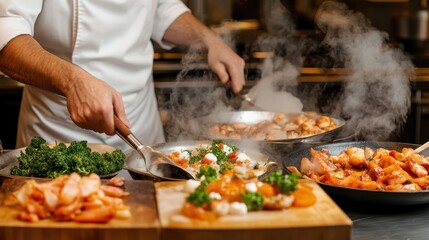 Chefs in professional attire skillfully prepare an array of diverse dishes, showcasing their culinary talent while steaming food elevates appetizing aromas in kitchen.