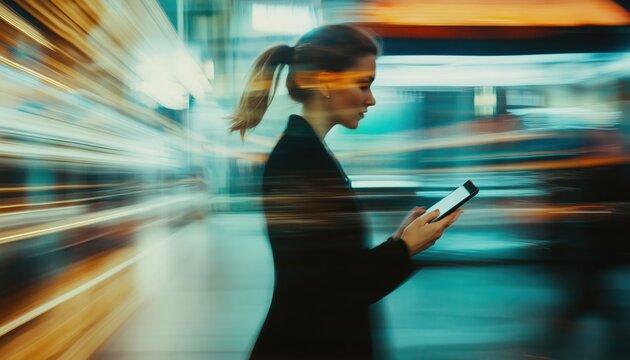 Busy Female Business Executive Using Smartphone In Office Environment, Swiftly Communicating Via Technology And Wifi For Chat, Email, And Social Media.