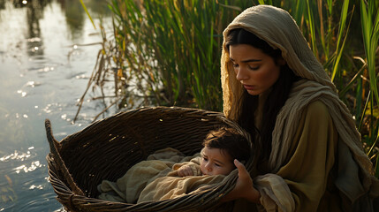 Jochebed Gently Placing Baby Moses in a Basket by the Riverbank