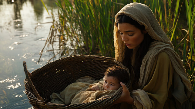 Jochebed Gently Placing Baby Moses in a Basket by the Riverbank
