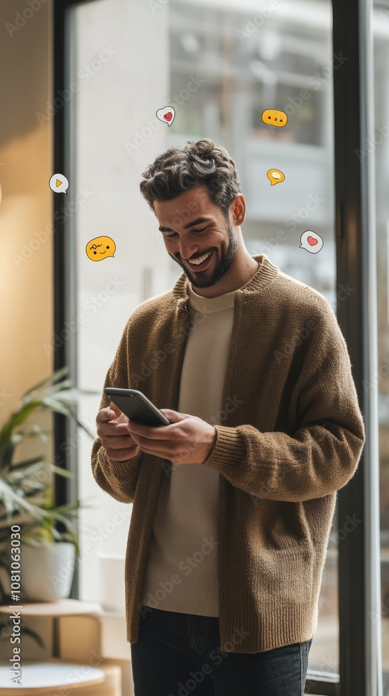 Poster happy young man is using mobile phone and smiling while social media icons and emojis float around h