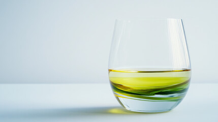 Clear glass with layers of olive oil and water, photographed on a white background.