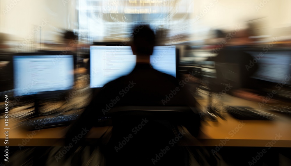 Poster blurred businessmen working with computers in office or workspace with shallow depth of focus on abs