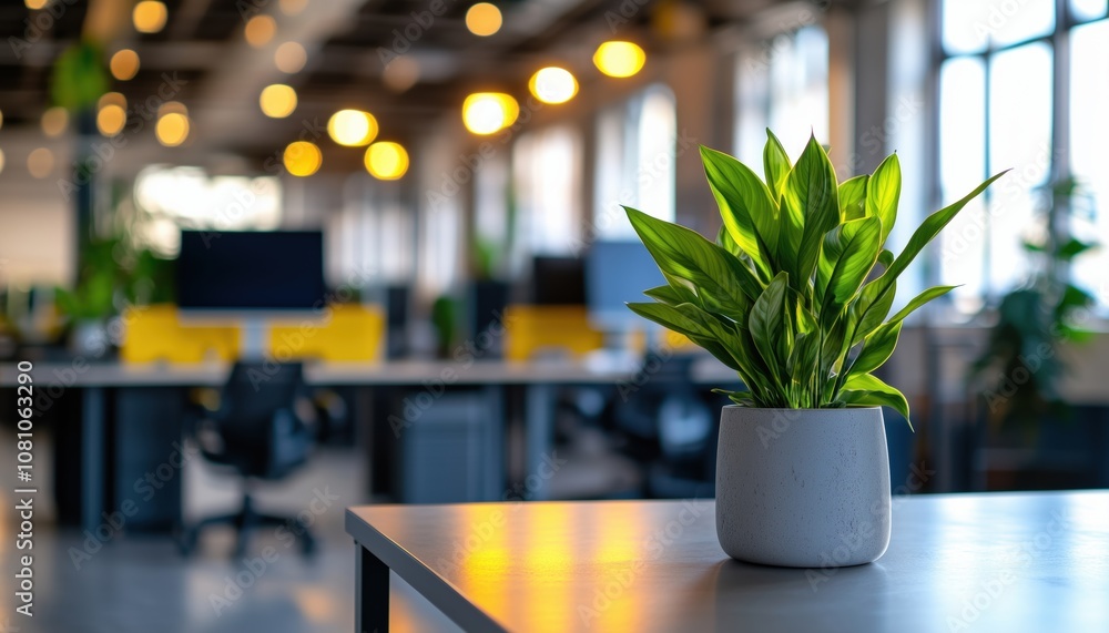 Poster Abstract Bokeh Lights In An Open And Empty Office Space, Creating A Blurred Interior Atmosphere.