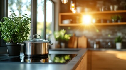A shiny metal pot sits on an induction stove in this contemporary kitchen setting, where sunlight highlights the lush plants and wooden shelving surrounding it.