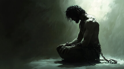 Samson Kneels in Prayer, Bound by Chains in a Dimly Lit Chamber