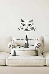 a drawing of a cat on a white couch.