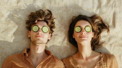 Young man and woman lying on a towel with cucumber slices on their eyes, enjoying a refreshing and natural skincare treatment