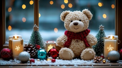 Teddy bear on a window sill amid twinkling Christmas decorations.