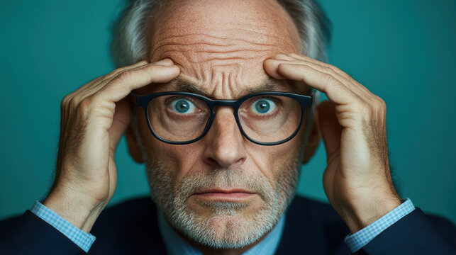 An intense man with wide eyes and glasses holds his head with both hands, capturing a moment of deep concern or stress against a teal backdrop.