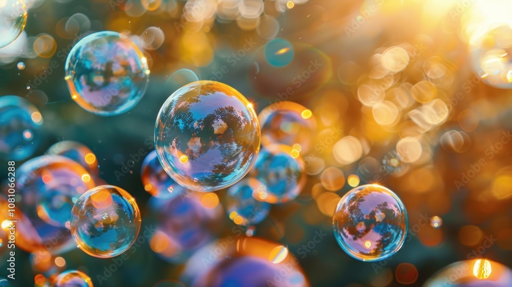 Poster a close-up shot of soap bubbles floating in the air, illuminated by the golden light of the setting 
