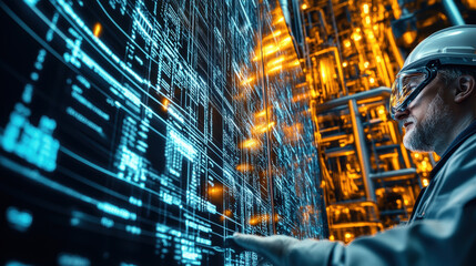 Engineer in futuristic attire examines an illuminated digital interface in a high-tech industrial setting filled with glowing data streams.