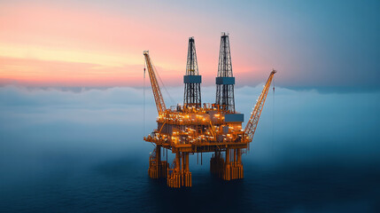 Bathed in the warm hues of dusk, an illuminated oil platform rises above the misty sea, melding technology with nature’s ethereal beauty.
