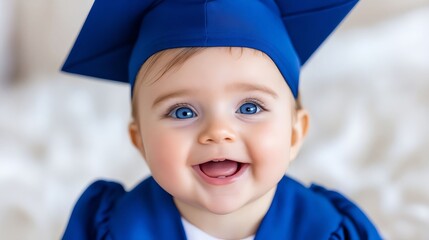 A baby in a blue graduation cap and gown