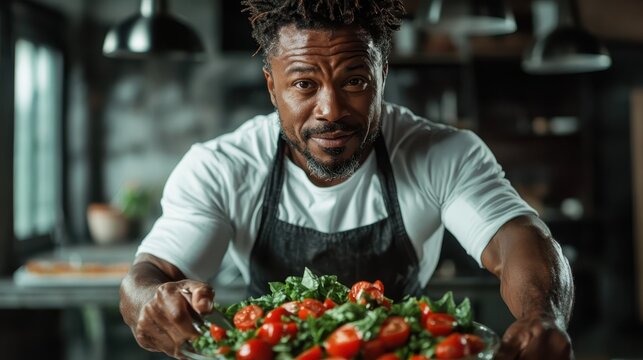 A proud chef presents a bowl of bright red tomatoes and leafy greens, capturing the essence of freshness and skill in culinary presentation.