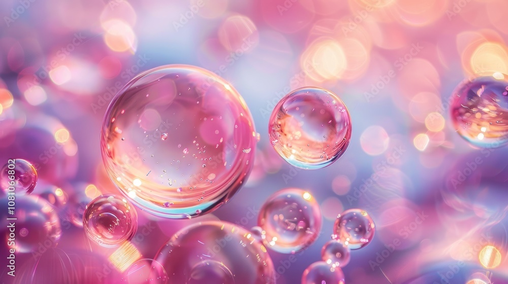 Poster abstract background with many translucent bubbles on pink and purple bokeh backdrop.