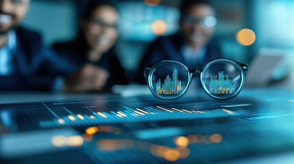 A pair of glasses with colorful bar graphs reflecting in the lenses sits on a table in a modern office, symbolizing data analysis and innovation.
