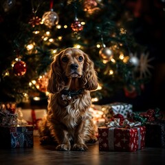 A cute spaniel puppy is sitting, surrounded by Christmas presents. The puppy is wearing a collar with a bell.