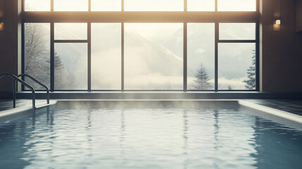 Fototapeta premium Spa area with a swimming pool in the center in a luxury mountain hotel
