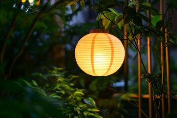 Obraz premium A beautifully illuminated paper lantern hangs from a tree branch, casting a warm glow. The lantern symbolizes light, hope, and celebration. It is a perfect decoration for any outdoor setting, adding 