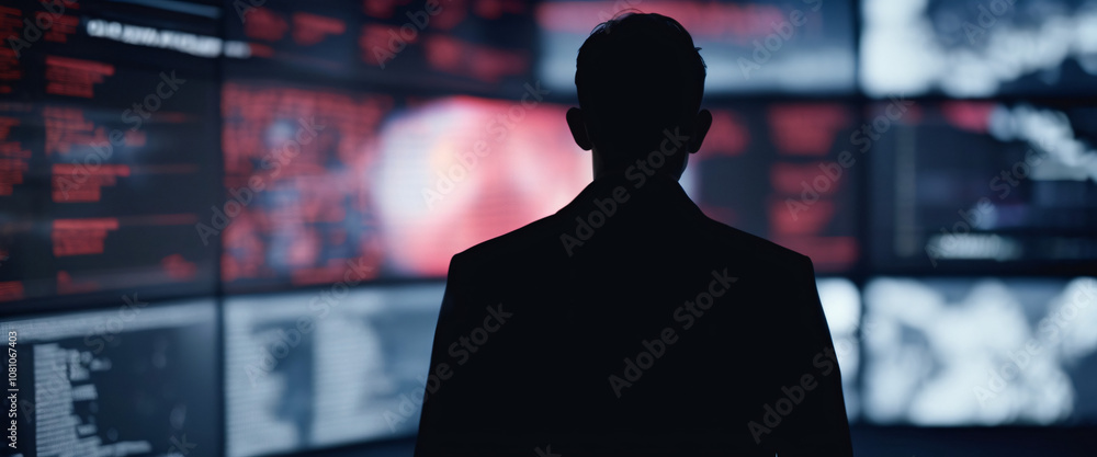 Poster silhouette of a man in a room filled with screens. a lone figure stands in the center of a room, sur