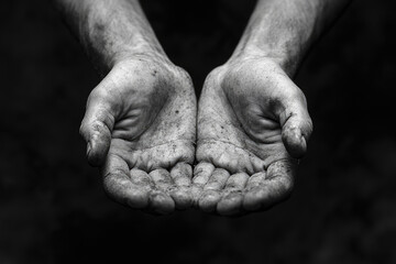 Fototapeta premium A close-up shot of two outstretched hands with dirt-stained skin, cupped together against a dark background