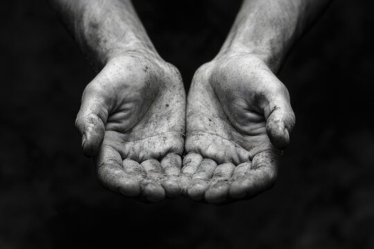 A close-up shot of two outstretched hands with dirt-stained skin, cupped together against a dark background