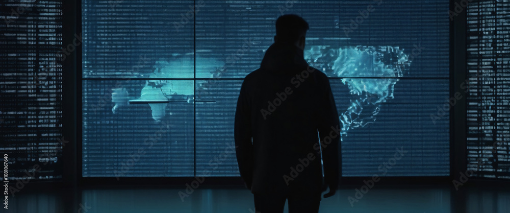 Aufkleber global data analyst: a lone figure, silhouetted against a massive screen displaying global data, con
