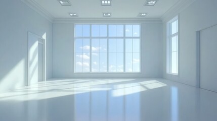Fototapeta premium A bright and airy gallery room featuring a large window with natural light streaming in, showcasing a clean and minimalist design. The white walls and glossy floor create a blank canvas for any art or