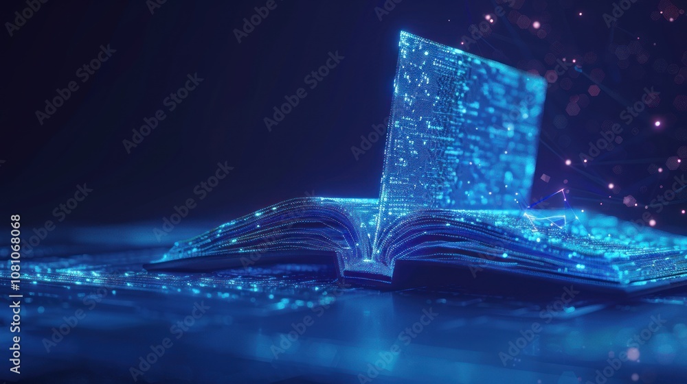 Aufkleber an open book with glowing pages and a digital aura, representing the power of knowledge and technolo