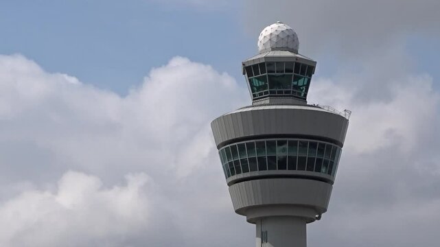 airport control tower (atc) structure vital for managing controlling air traffic operations static shot view atc aviation flight management 