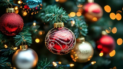 Christmas tree adorned with colorful ornaments and twinkling lights.