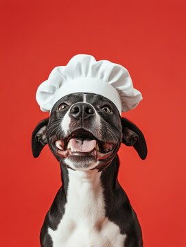 Naklejki A cheerful black and white dog wearing a white chef hat, looking up with a big smile, symbolizing happiness, culinary creativity, playful spirit, pet companionship, and joy.