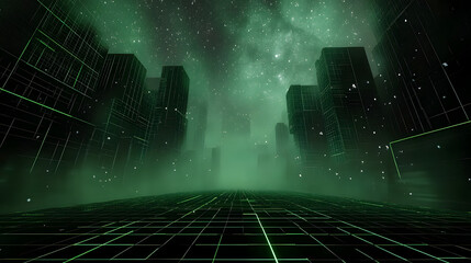 A dark, starry sky with a green background. The sky is filled with stars and the green background is a representation of a futuristic city