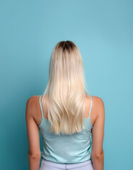 Obraz premium young woman with blonde hair standing with her back to the camera isolated on light blue pastel background