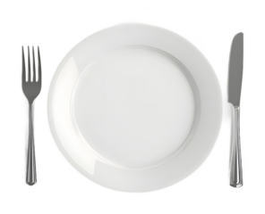 Stainless steel plate with knife and fork on a transparent background. isolated background.