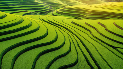 Green Terraced Rice Fields Aerial View Wallpaper