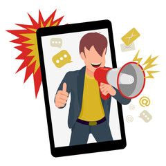 Influence marketing.  Blogger broadcasts marketing ads using a megaphone. Influencers.