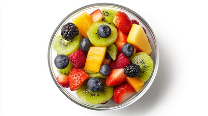 Fresh fruit salad served in a bowl, isolated on white background