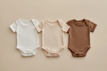 Baby onesie set on a beige background. Fashion newborn clothes. Flat lay, top view. Baby kids soft clothing made from organic cotton. Infant trendy bodysuit natural colors, earth tones. Gender neutral