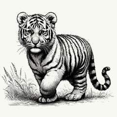 Obraz premium Hand-drawn sketch of a full-length tiger cub in its habitat is presented as a vector illustration
