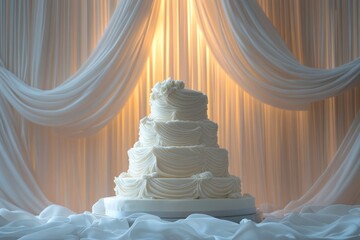 Delicious tiered wedding cake decorated with white roses, standing on a table with draped fabric, creating a sophisticated and romantic atmosphere