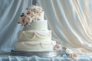 Four-tiered wedding cake decorated with pink and pastel blue flowers on a silver cake stand with a light blue, silky background
