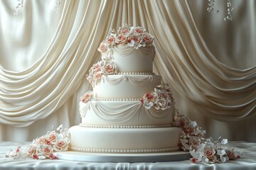 Fototapeta premium Delicious tiered wedding cake decorated with white roses, standing on a table with draped fabric, creating a sophisticated and romantic atmosphere