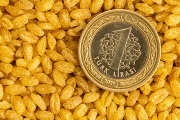 Macro detail shot of 1 Turkish lira on grain products. Symbol of Agriculture and Trade